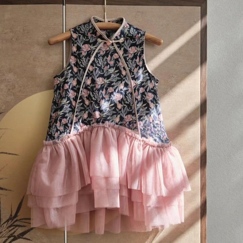 新中式童装女童连衣裙夏款女宝中小童气质高端粉色网纱拼接旗袍裙