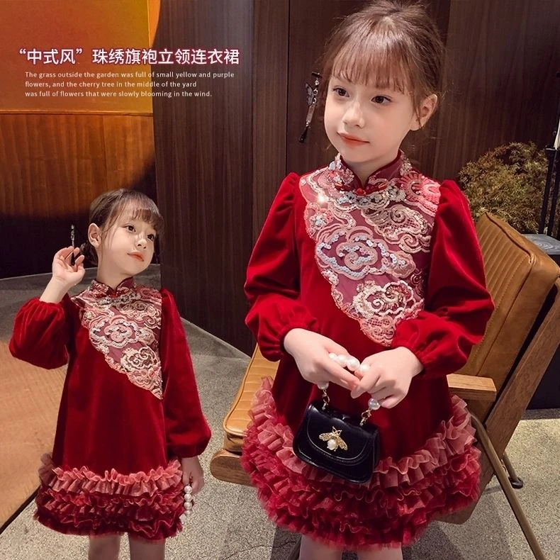 女童中国风连衣裙加绒冬装新款洋气儿童红色公主裙女孩拜年服