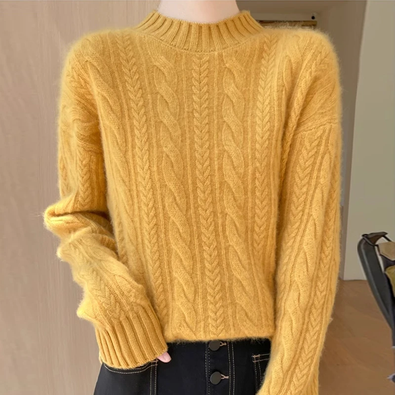 鄂尔多斯产100%纯羊毛衫女秋冬宽松毛衣慵懒风落肩半高领打底上衣