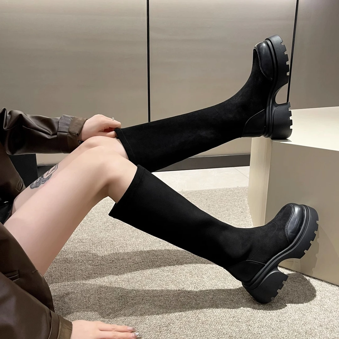 回力瑞厚底弹力长靴女2023新款秋冬显瘦高跟瘦瘦靴辣妹包腿骑士靴