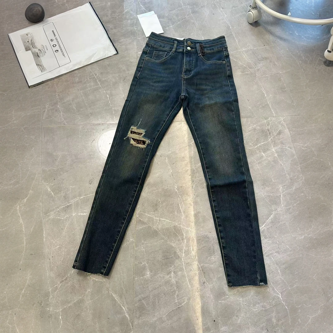 Lz  豹纹标九分加厚植绒弹力牛仔裤   裤长93