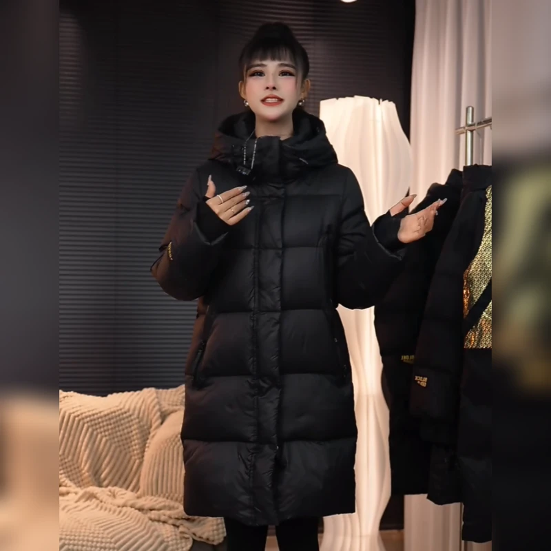 黑色百搭中长款冬季保暖外套羽绒服女韩版烫金连帽加厚