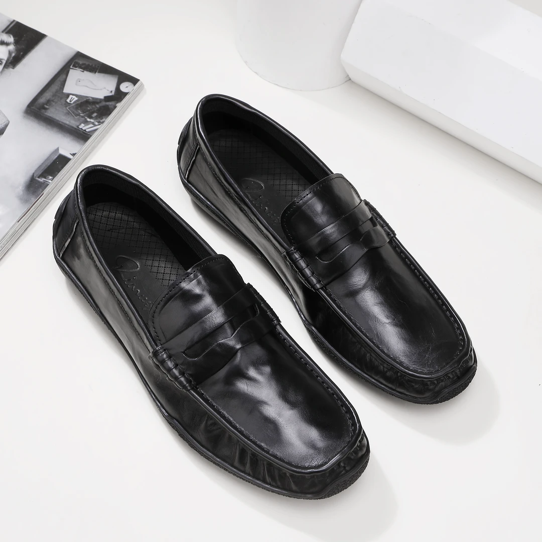 头层牛皮豆豆鞋男夏季舒适透气英伦风百搭软底男士套脚乐福鞋男款