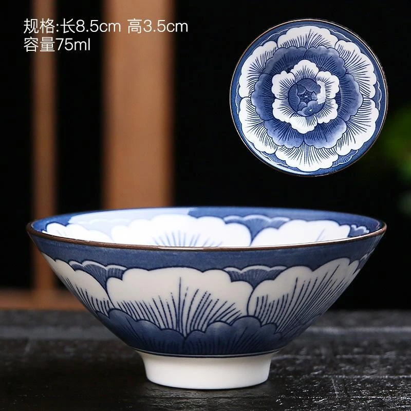 青花瓷茶具茶杯斗笠杯品茗杯花开富贵复古典雅风中国风手工陶瓷