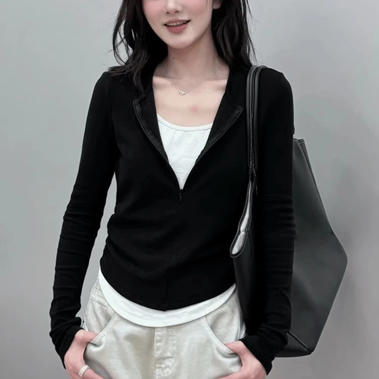 2025春秋新款长袖休闲时尚T恤百搭上衣黑色设计感修身显瘦打底衫