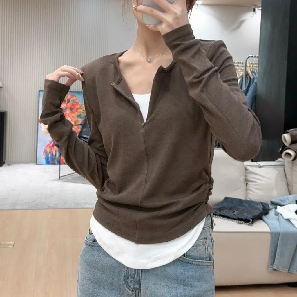 秋冬女装韩版新款打底衫气质长袖t恤时尚百搭假两件设计感上衣女