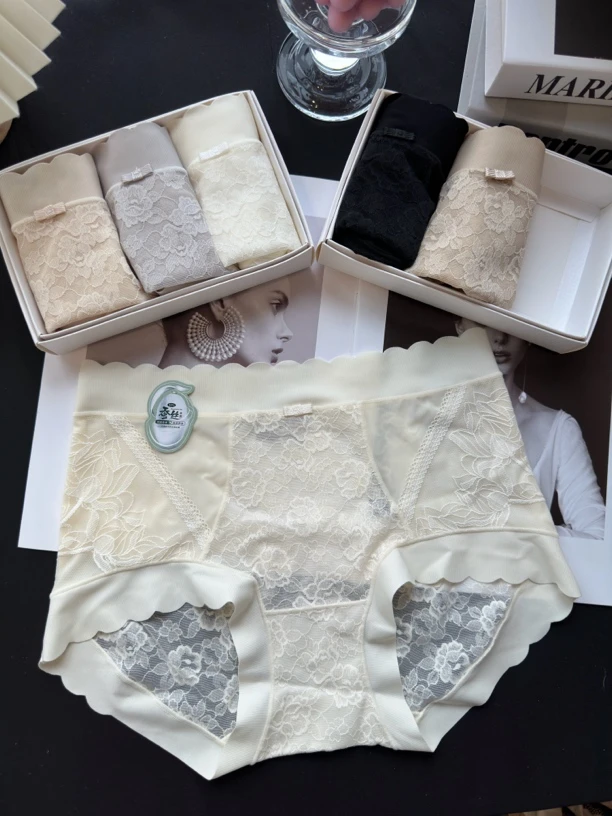 【3条装中腰】3143碧玉抚春法式蕾丝提花中腰女士内裤（80-125斤）
