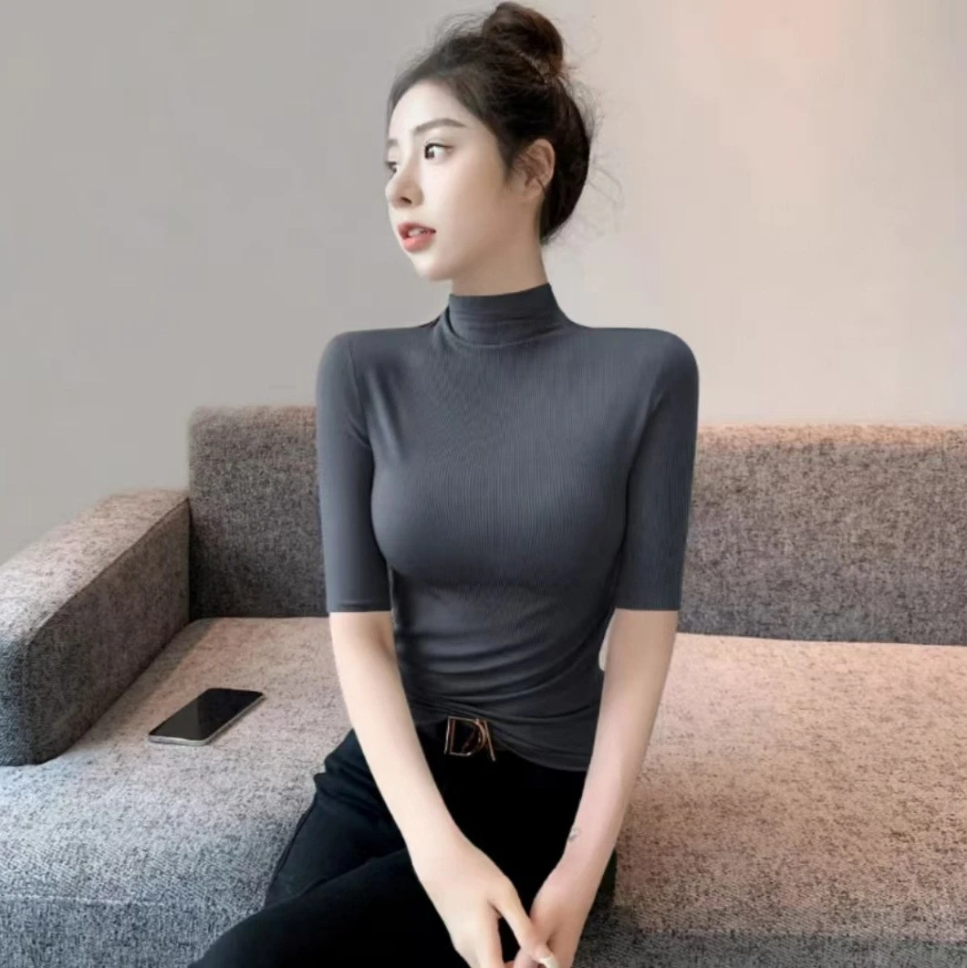 新款上衣女小立领T恤新款韩版修身半高领五分袖纯色上衣内搭ins