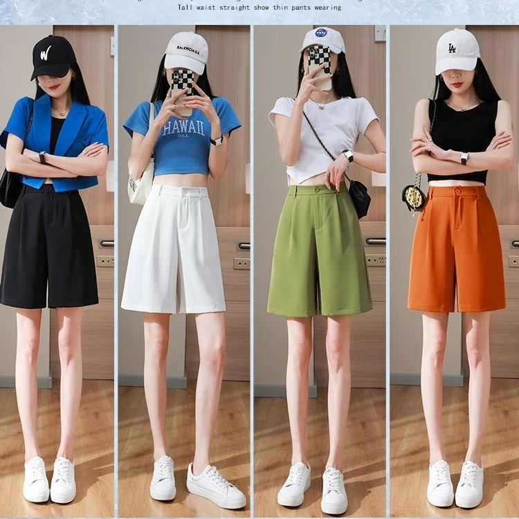 清爽高级感~冰丝西装短裤女宽松阔腿大码a字显瘦休闲中裤五分裤子