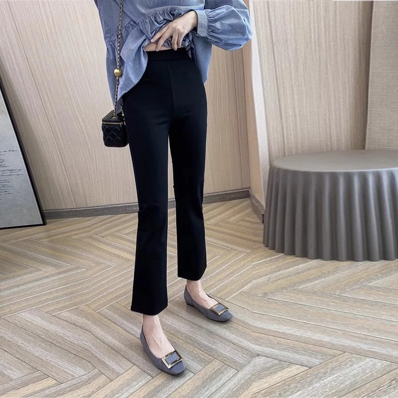黑色微喇裤子女春秋九分高腰显瘦小个子宽松休闲阔腿西装喇叭裤女