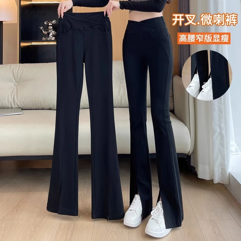 喇叭裤女春秋冬加绒裤子女冬季外穿加厚微喇裤高腰开叉西装休闲裤