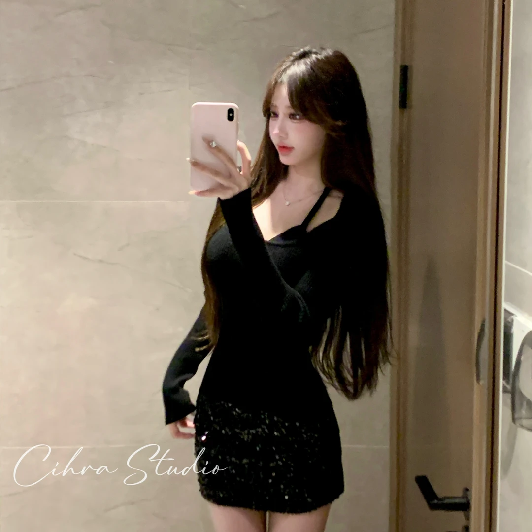 Cihra【请吃饭的漂亮姐姐】两件套针织挂脖上衣秋冬气质长袖