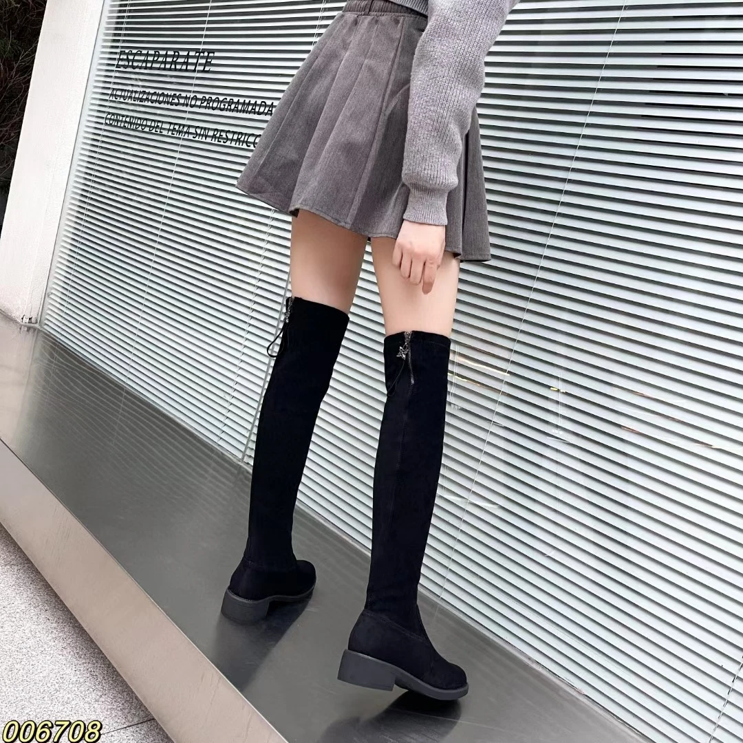 粗跟长筒靴秋冬新款过膝靴绒面平底弹力靴高筒靴保暖显瘦瘦长靴潮