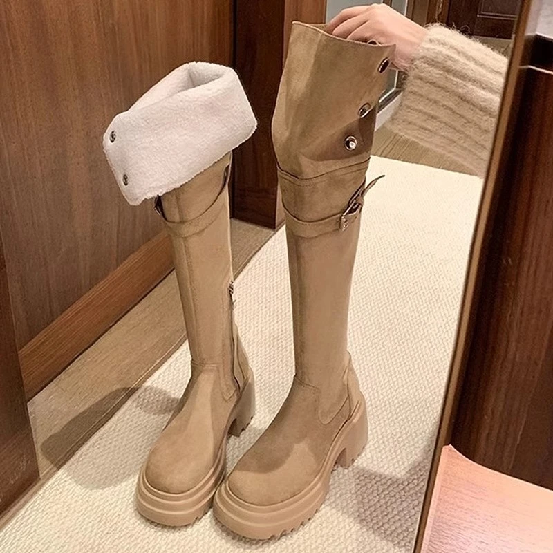 牛反绒~6CM厚底两穿美拉德骑士靴女秋冬新款小个子增高过膝长筒靴