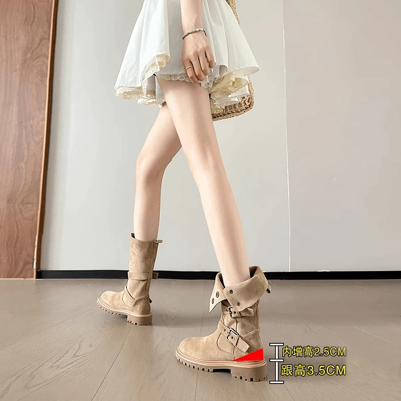 真皮版~爆款内增高复古美拉德马丁靴女秋新款不过膝两穿西部短靴