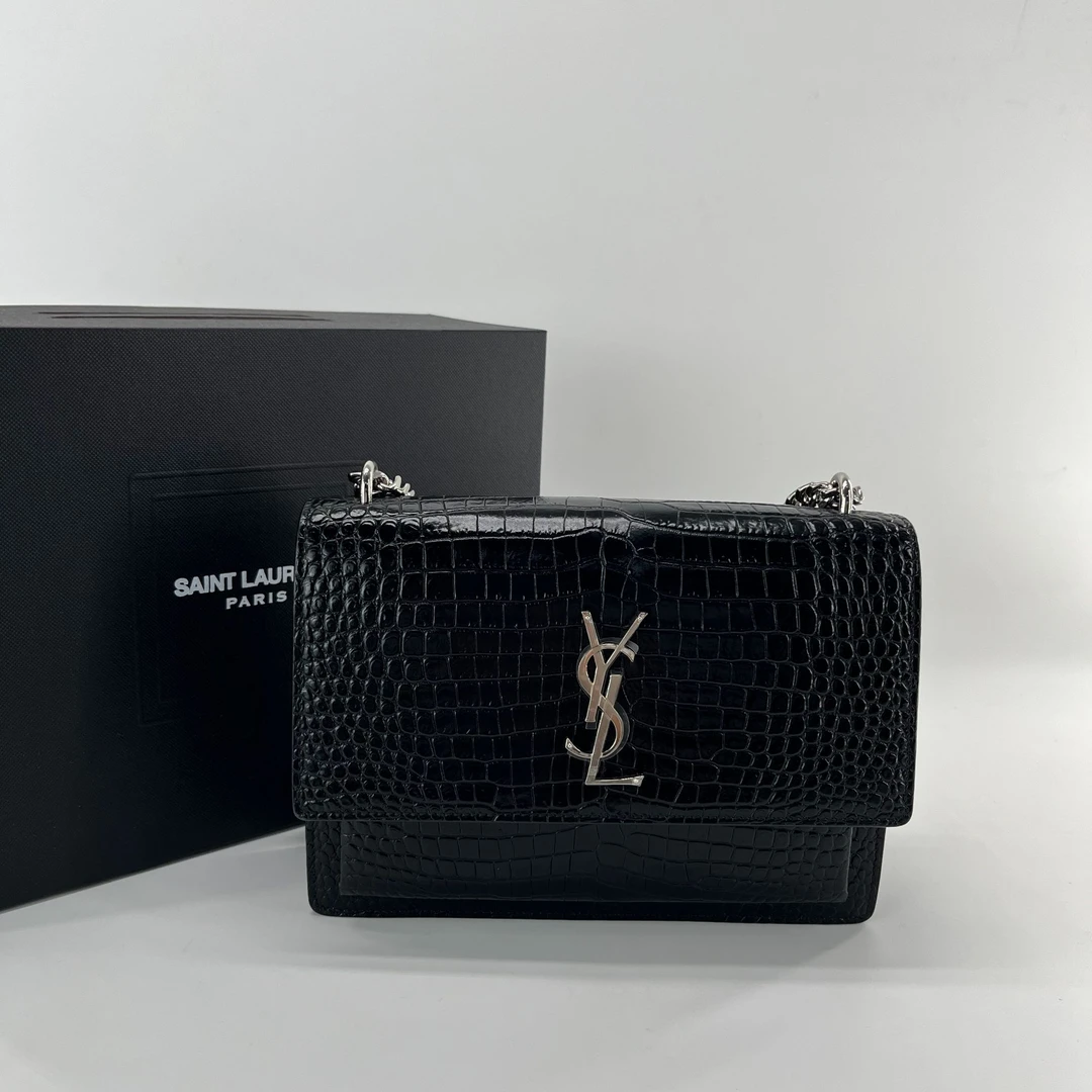 99新 YSL/圣罗兰  圣罗兰日落黑银 鳄压单肩斜跨包翻盖黑色经典