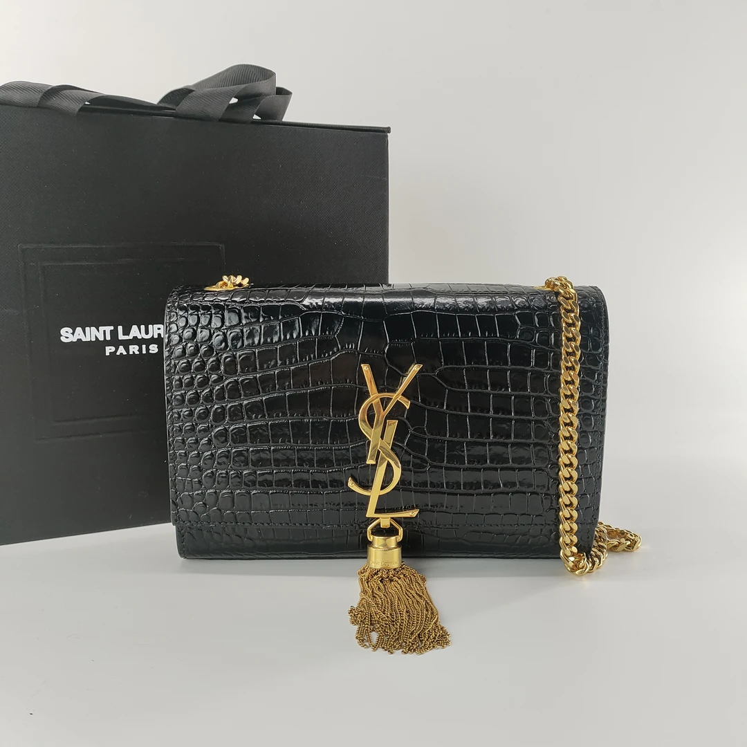 99新 YSL/圣罗兰 圣罗兰黑金鳄鱼压纹Kate小号流苏单肩斜挎包黑色