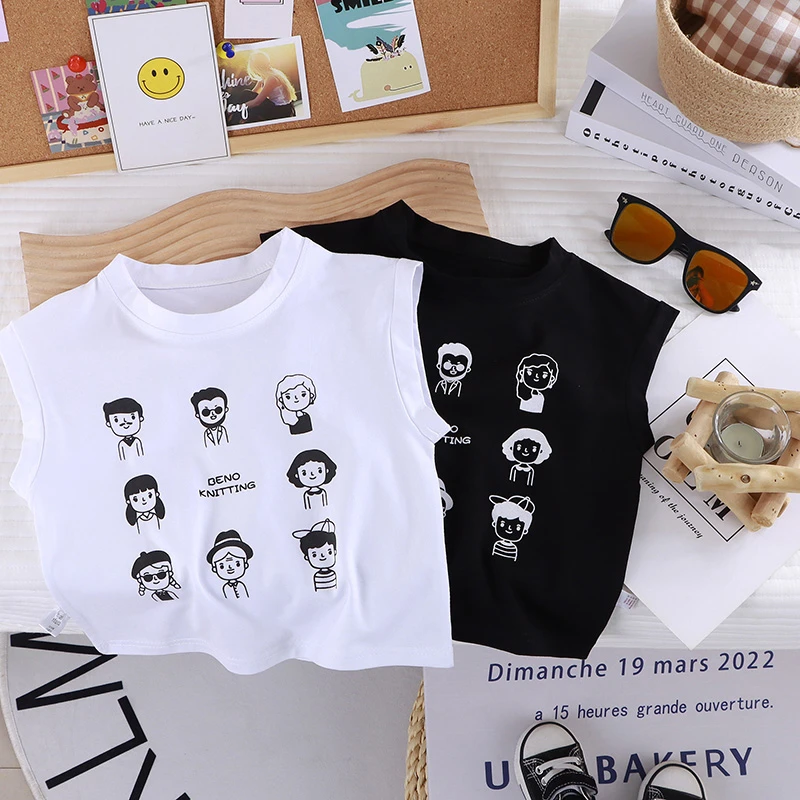 儿童宽松圆领背心宝宝时尚百搭无袖简约外穿卡通中性潮流网红棉T