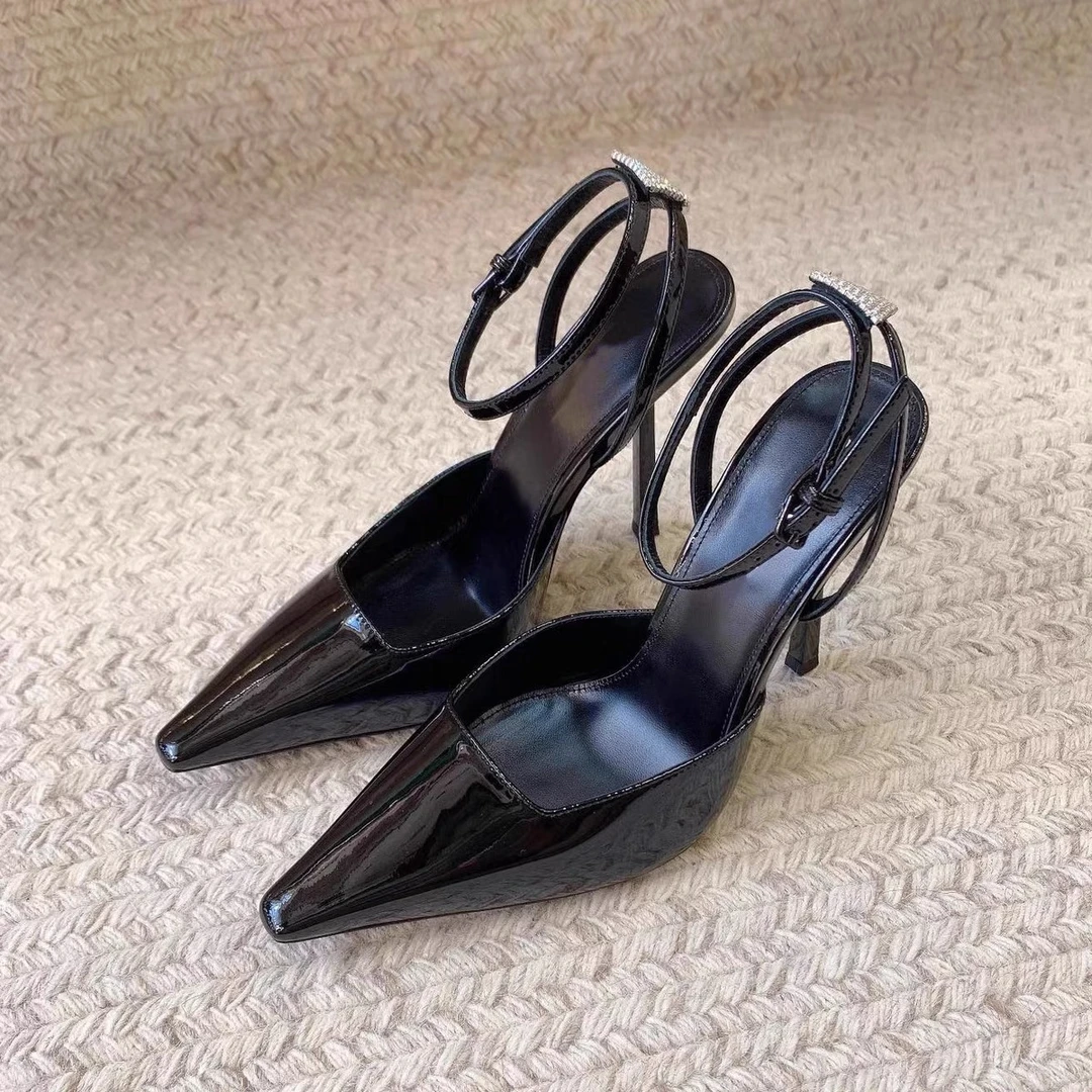包头凉鞋女2024春季新款夜店风性感水钻漆皮黑色细跟配礼服高跟鞋