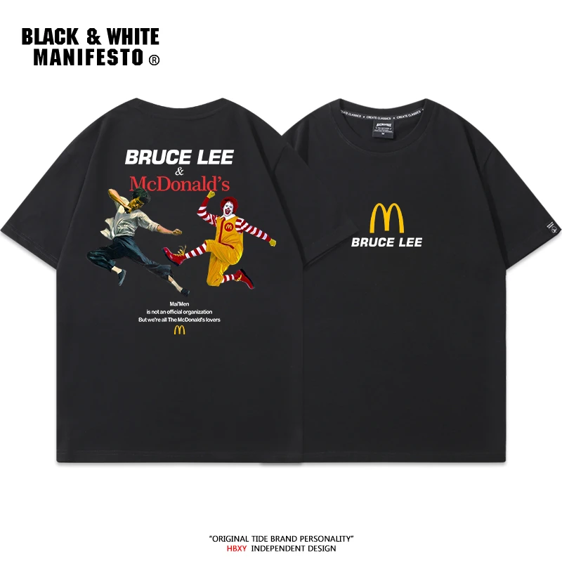 美式复古高街潮牌麦门李小龙印花短袖t恤棉男女宽松情侣休闲半袖
