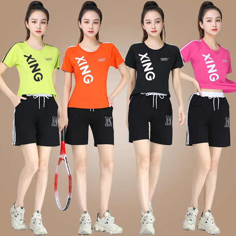 广场舞服装新款运动上衣圆领短袖短裤时尚健身操团体表演跳舞衣女