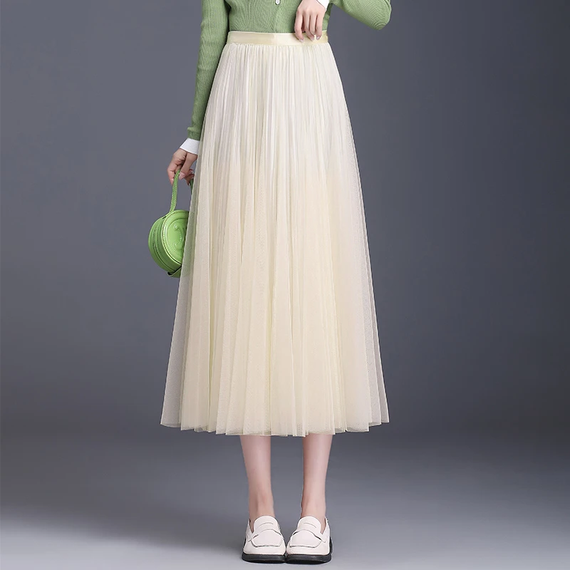 星空网纱裙垂感显瘦百褶裙春季新款半身裙高腰中长款a字纱裙