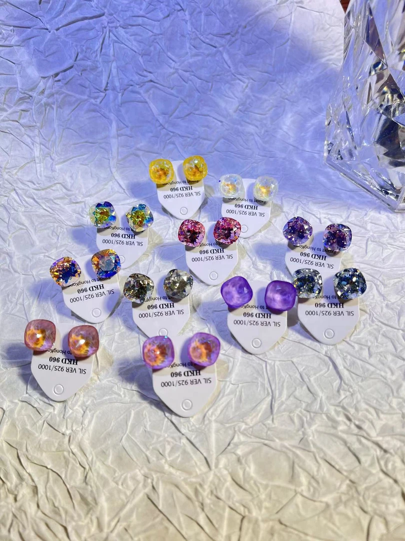 铜合金耳饰 气质轻奢时尚百搭绿色复古彩色镶嵌蓝色简约施华耳饰