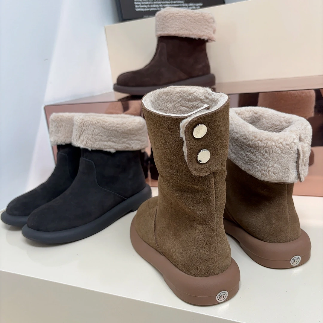 时尚百搭磨砂皮中筒马丁靴女平底圆头冬季新款加厚保暖短靴