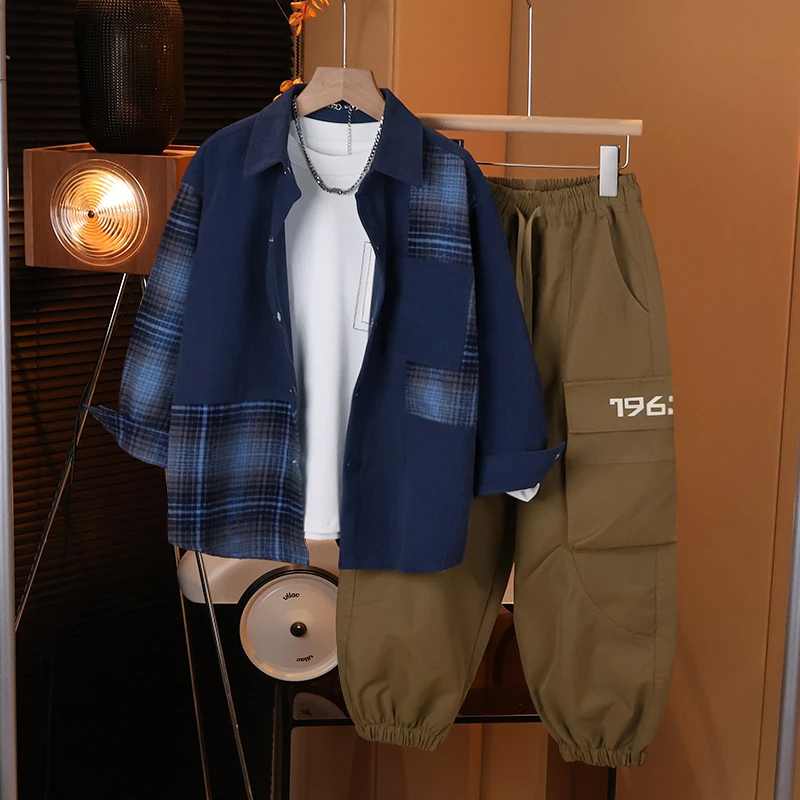 【现货】潮男童长袖帅气翻领撞色衬衫春装中大童宽松C2320