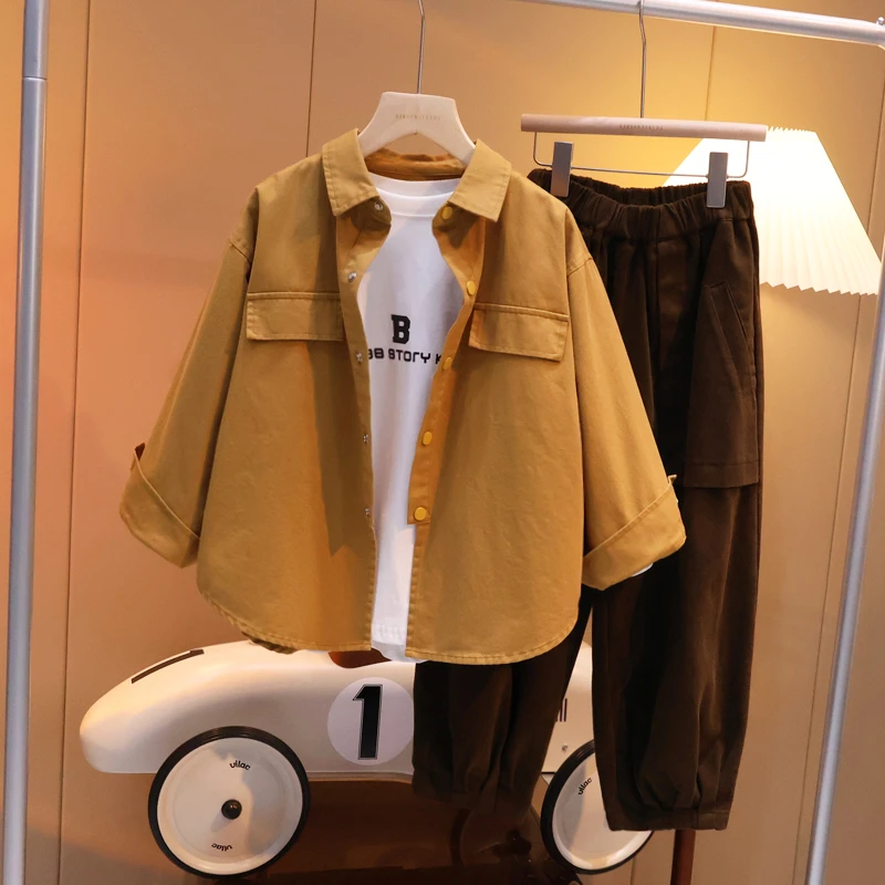 【现货】潮男童翻领复古衬衫外套洋气春款中大儿童帅气C1296.