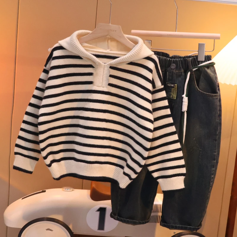 现货【高定】条纹秋装连帽套头衫儿童男童毛衣中大童洋气X6082