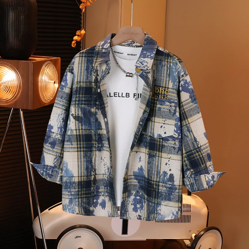 【现货】男童格子长袖衬衫字母刺绣外套春装中大儿童宽松C2586