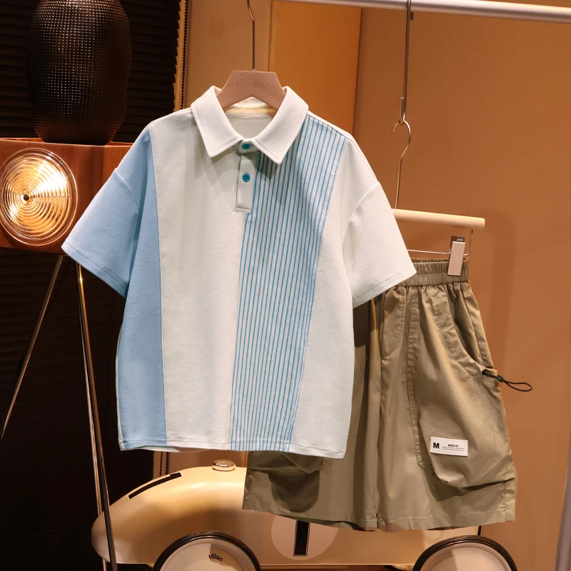 【现货】男童夏季半袖翻领短袖汗衫拼接polo衫2024新款中大童C1691