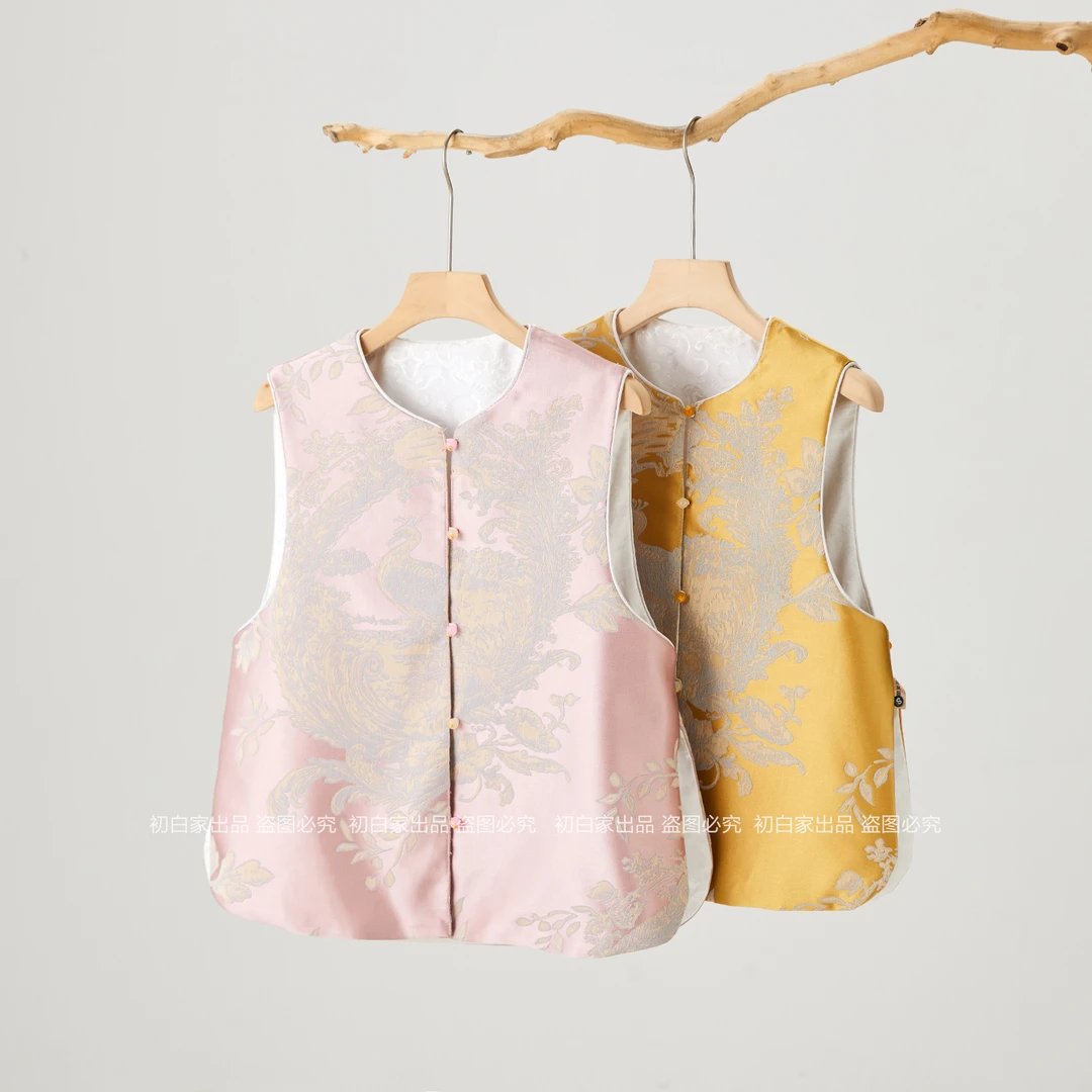 双面穿【凤盈】秋冬织锦提花圆领文艺新中式国风马甲马夹