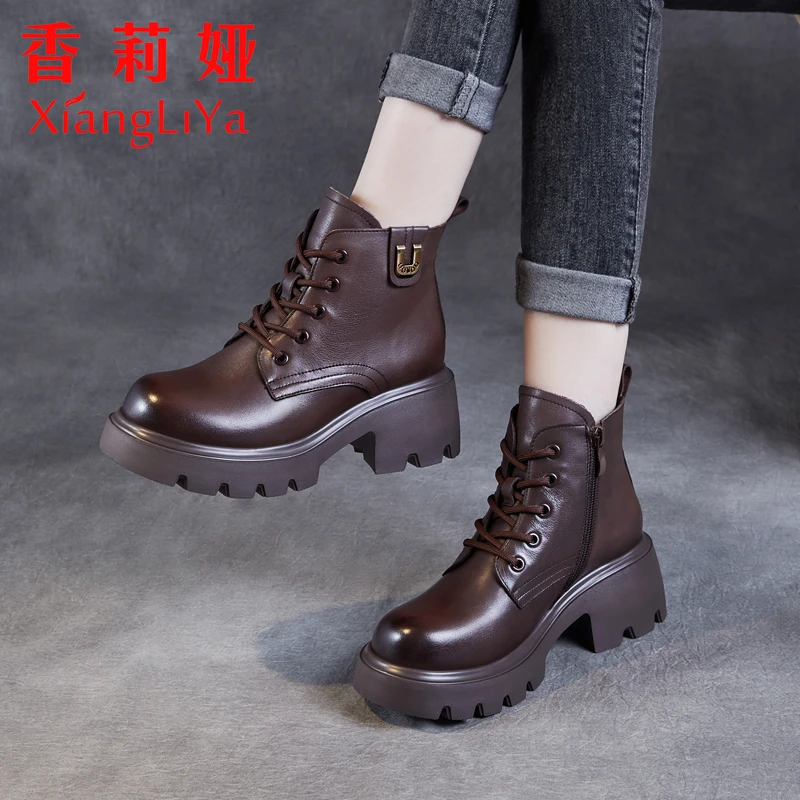 2025冬季马丁靴女真皮短靴厚底粗跟靴子英伦风复古鞋子女款皮靴