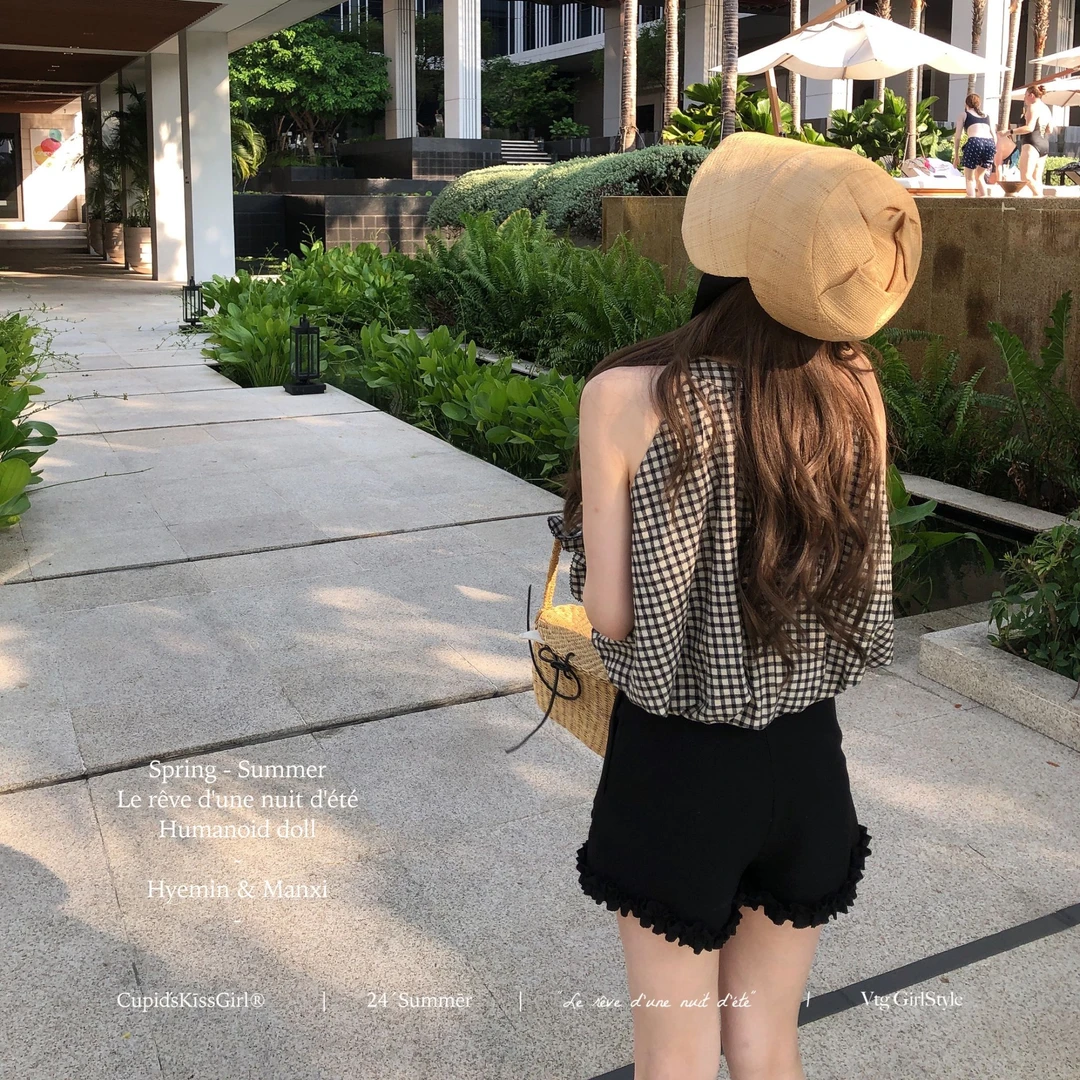 csk丘比特 抹茶cafe 棉麻挖肩刺绣背心女夏季格纹上衣显瘦