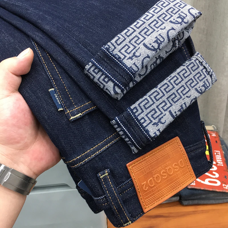 印花秋季牛仔裤男九分裤原色弹力深蓝色休闲纯色修身小脚长裤