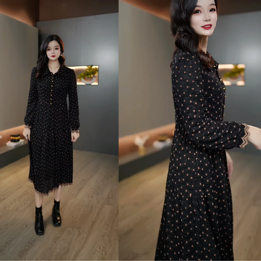秋季设计师秀款小波点翻领优雅气质显瘦收腰长袖中长款女士连衣裙
