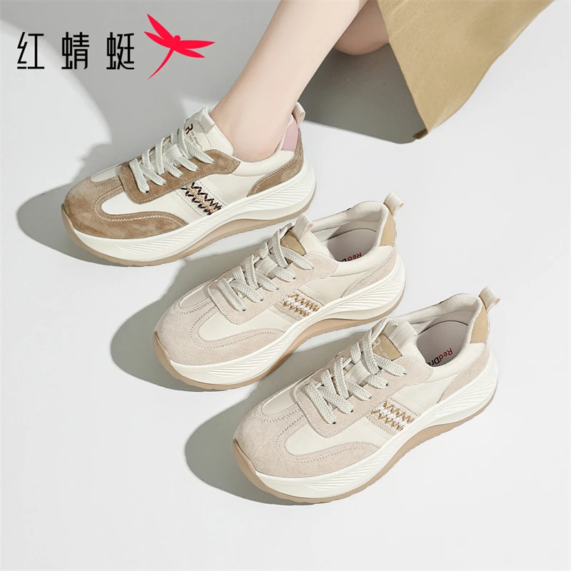 红蜻蜓春秋款舒适潮流百搭复古风圆头厚底系带帆布鞋女款2025爆款