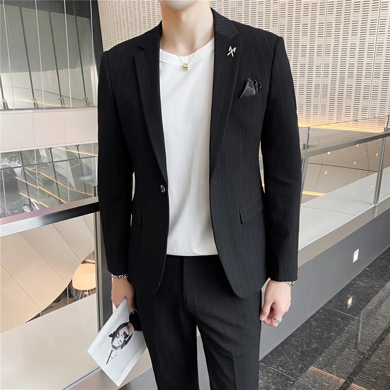 2024春秋新品男士条纹西服套装韩版修身商务休闲时尚结婚主持礼服