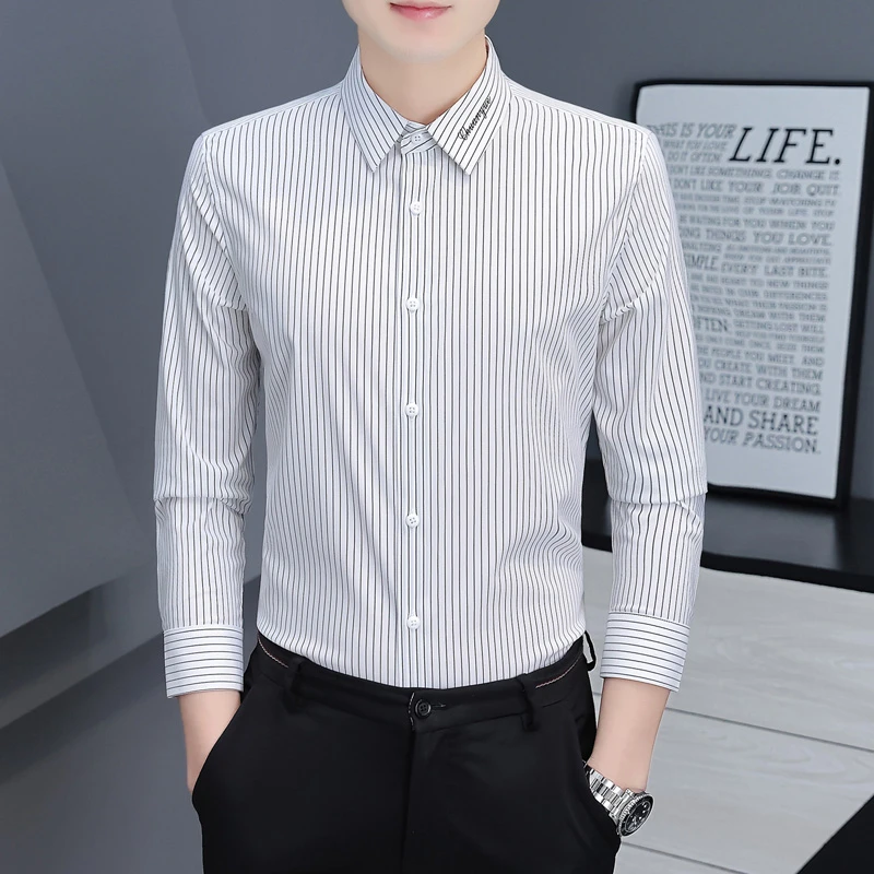2024春秋新品条纹衬衫男士商务休闲潮流帅气百搭长袖衬衣字母刺绣