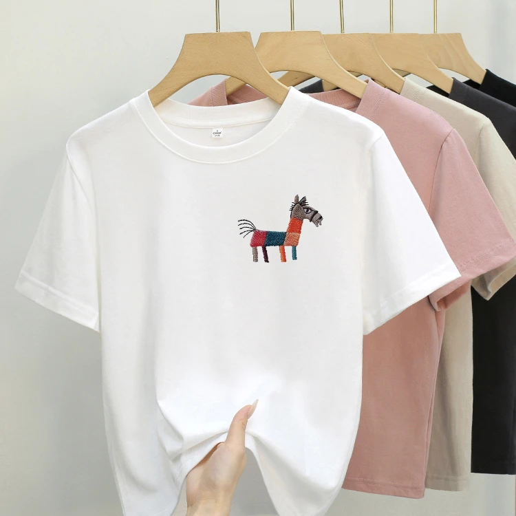 艾格 高奢木马2025年夏季圆领显瘦百搭时尚休闲印花修身短款t恤女