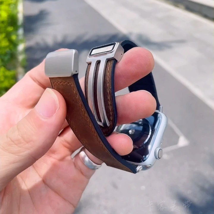 卡客新款银扣疯马纹皮适用苹果手表iwatch表带s987654磁吸扣ultra