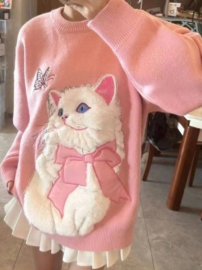 毛衣女秋冬季多巴胺穿搭盐系可爱植绒猫咪设计甜妹风上衣