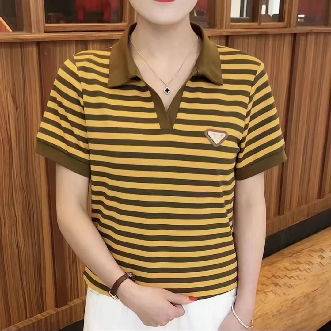 条纹2024夏季新款上衣短袖t恤女时尚翻领polo衫休闲显瘦百搭上衣