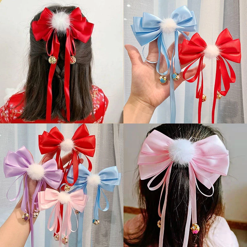 新年儿童蝴蝶结发夹古风唐装小女孩流苏头饰汉服毛球铃铛宝宝发饰