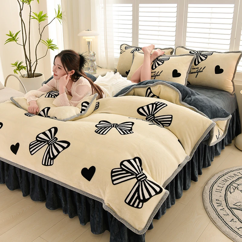 加厚牛奶绒床裙款四件套印花双面绒法兰绒被套秋冬季加绒被罩床品