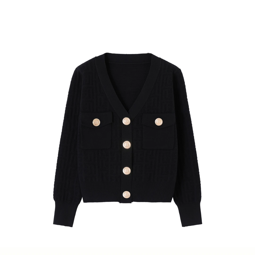 巴家轻奢上衣设计感小香风针织衫开衫纯色V领显瘦长袖YUNAQIU-666