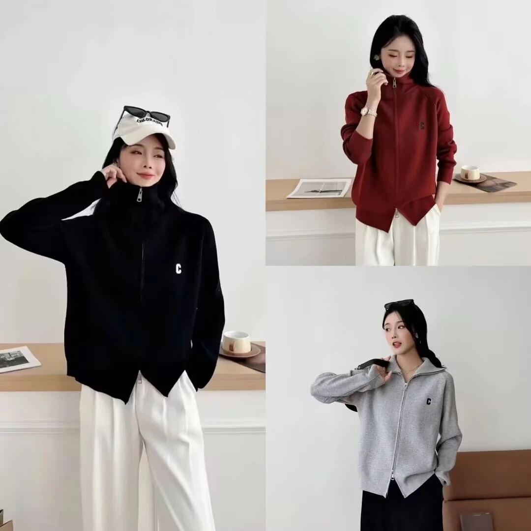 2025春季新款七七大码百搭气质宽松显瘦遮肉翻领拉链针织上衣