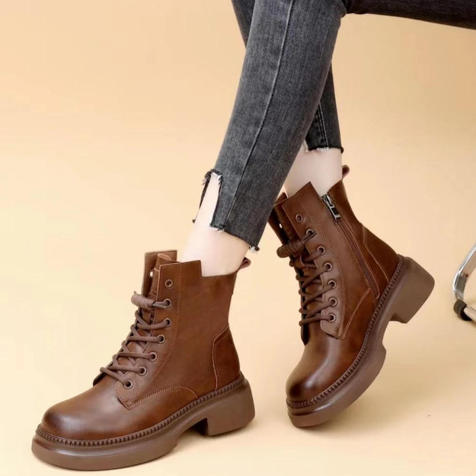 新款真皮女鞋头层牛皮厚底马丁靴女时尚单靴秋冬百搭加绒女士